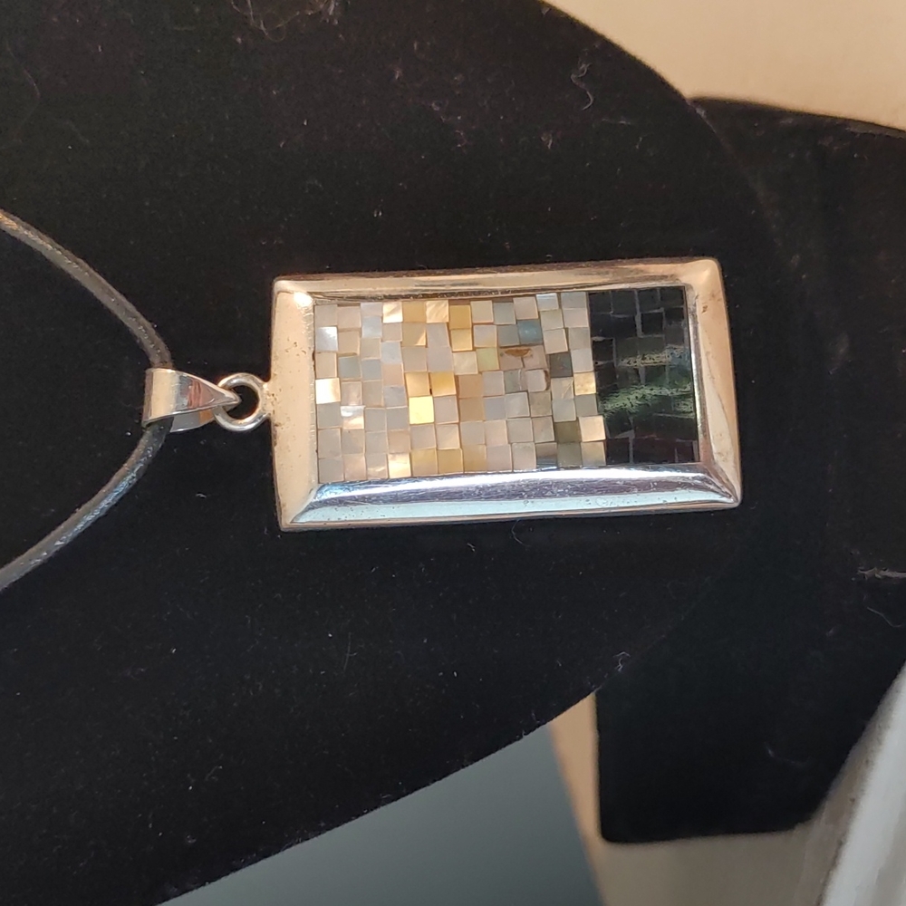 Artesian Sterling Silver Black Onyx & Opal Inlay Tile Pendant